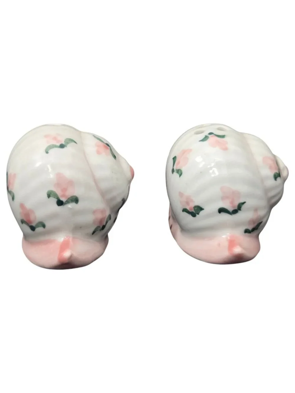 Vintage Snail Salt Pepper Shaker Set Pink Green Dots Floral Kitsch Whimsical